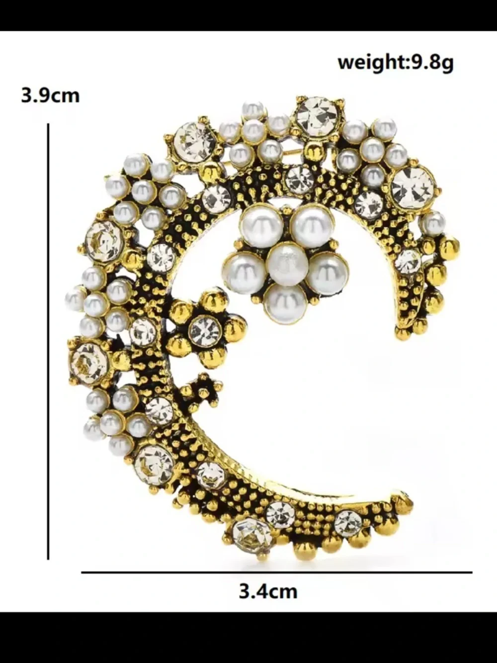 Celestial Crescent Pearl Cluster Gold Brooch